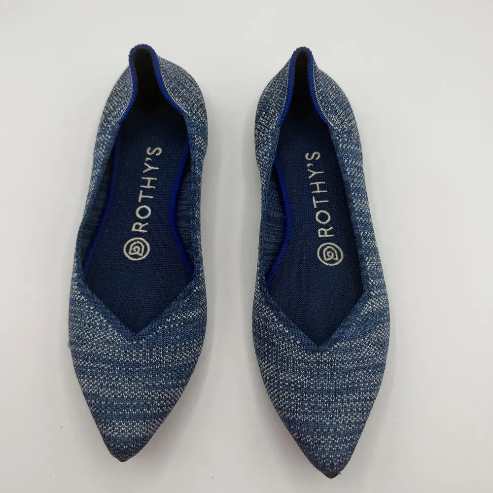 Rothy’s The Point Indigo Heather Blue White Knit Ballet Flats Size 6 Washable